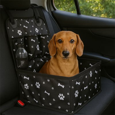 Teckel à poil ras assis dans un siege auto chien noir, à côté d'une bouteille d'eau rangée.