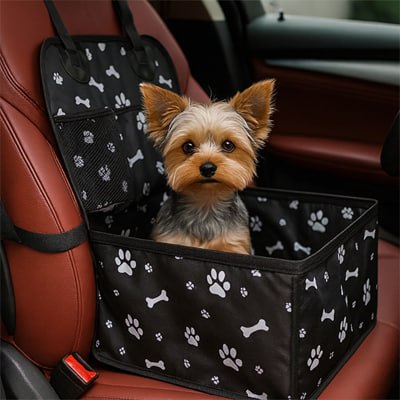 Yorkshire Terrier aux aguets assis confortablement dans son siege auto chien à motifs de pattes.