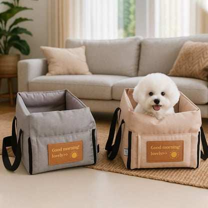 Bichon blanc dans un siege auto chiens beige à côté d'un modèle gris, texte "Good morning! lovely".