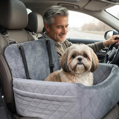 Chien Shih Tzu regardant l'objectif depuis son siege auto chiens gris, conducteur senior.