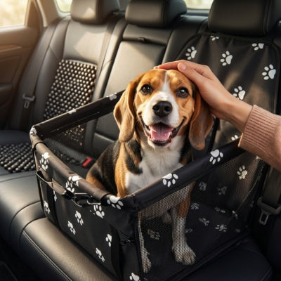 Chien Beagle souriant dans son siege auto pour chien noir sur la banquette arrière.