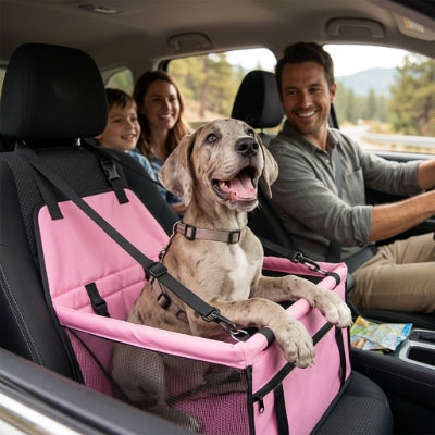 Chiot Grand Danois joyeux dans un siege auto pour chien rose avec une famille en voiture.