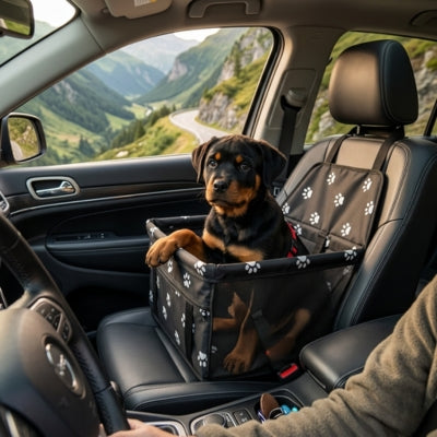 Chiot Rottweiler assis dans un siege auto pour chien sur le fauteuil passager avant.