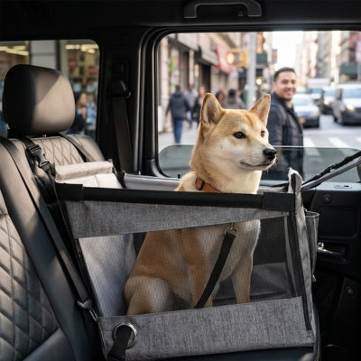 Chien Shiba Inu assis dans son siege auto pour chien gris en pleine ville.