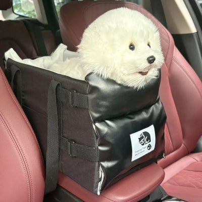 Petit bichon blanc installé dans un siege auto pour chiens noir avec logo chat endormi.