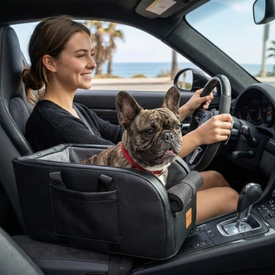 Bouledogue français dans un siege auto pour chiens noir entre le conducteur et le passager.