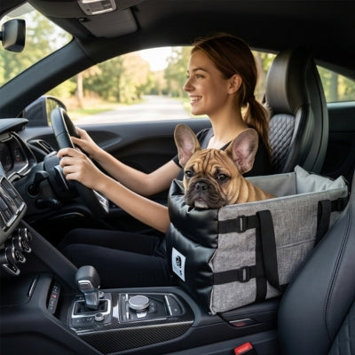 Femme brune conduit avec un bouledogue français dans son siege auto pour chiens sur l'accoudoir.