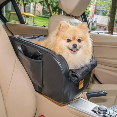 Loulou de Poméranie installé confortablement dans un siege auto pour chiens en cuir synthétique.