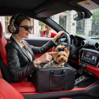 Yorkshire dans un siege auto pour chiens sur l'accoudoir d'une voiture de luxe.