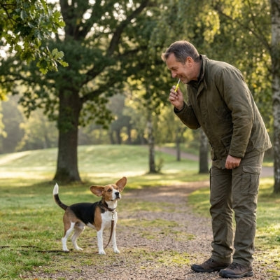 Homme souriant utilisant un sifflet à ultrason pour chien de race Beagle dans un parc boisé.