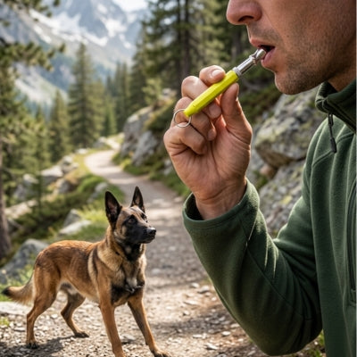 Homme utilisant un sifflet à ultrason pour chien Malinois sur un sentier de montagne.