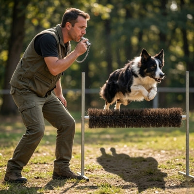 Homme utilisant un sifflet pour chien ultrason pendant qu'un Border Collie saute une haie.