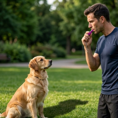 Homme utilisant un sifflet pour chien ultrason violet pour le rappel d'un Golden Retriever assis.