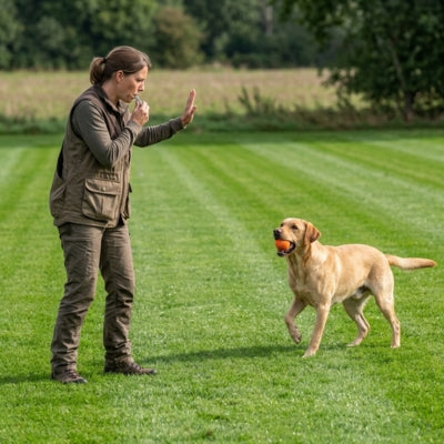 Femme éduquant un Labrador au rapport avec un sifflet pour chien ultrason sur un terrain vert.
