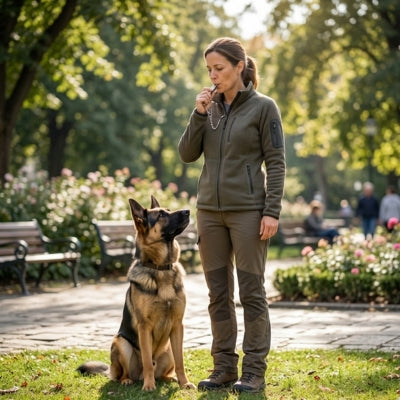 Femme utilisant un sifflet pour chien ultrason devant un Berger Allemand assis dans un parc arboré.