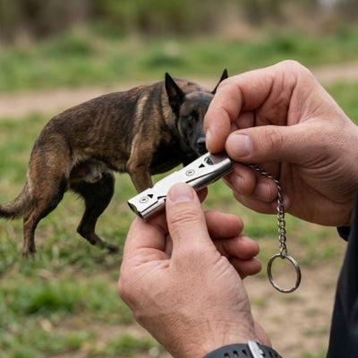 Mains tenant un sifflet pour chien ultrason métallique face à un Berger Belge Malinois.