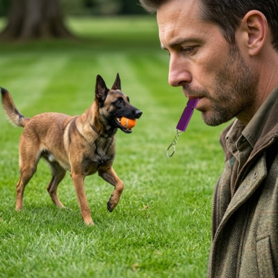 Homme avec sifflet pour chien ultrason violet rappelant un Berger Belge Malinois avec sa balle.