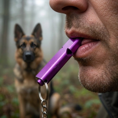 Gros plan d'un sifflet pour chien ultrason violet utilisé en forêt avec un Berger Allemand.
