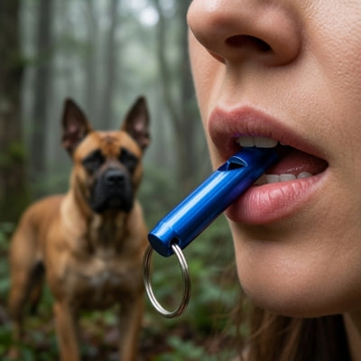 Femme utilisant un sifflet ultrason pour chien bleu face à un Boxer dans une forêt brumeuse.