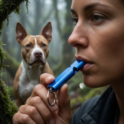 Femme soufflant dans un sifflet ultrason pour chien bleu face à un Pitbull en forêt.