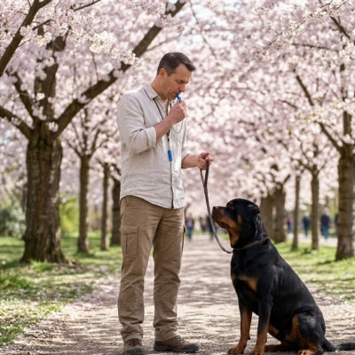 Homme avec sifflet ultrason pour chien bleu et un Rottweiler sous des cerisiers.