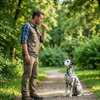 Homme utilisant un sifflet ultrason pour chien avec un Dalmatien sur un chemin en forêt.