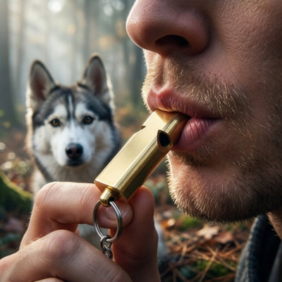 Homme utilisant un sifflet ultrason pour chien doré avec un Husky en forêt.