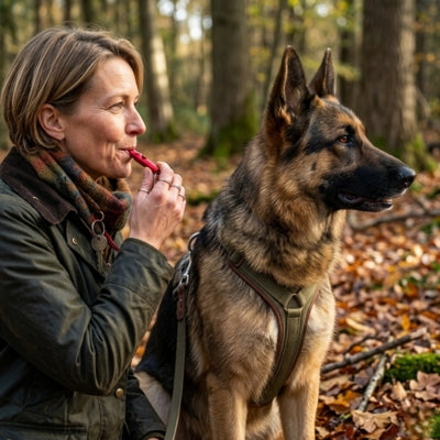 Femme assise en forêt avec un Berger allemand, utilisant un sifflet ultrason pour chien rouge.