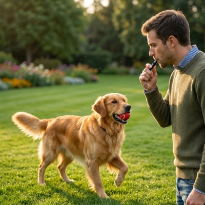 Personne utilisant un sifflet ultrason pour chien devant un Golden Retriever avec une balle.