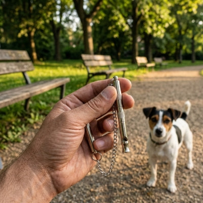 Main tenant un sifflet ultrason pour chien face à un Jack Russell dans un parc.
