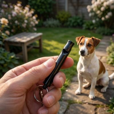 Main tenant un sifflet ultrason pour chien face à un Jack Russell dans un jardin.