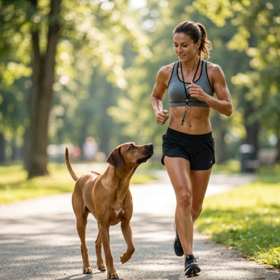 Personne en tenue de sport avec un sifflet ultrason pour chien et un Rhodesian Ridgeback.