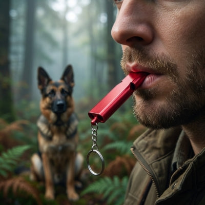 Gros plan sur un sifflet ultrason pour chien rouge et un Berger allemand assis.