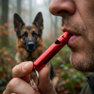 Homme tenant un sifflet ultrason pour chien rouge devant un Berger allemand en forêt.