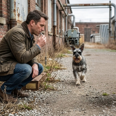 Homme utilisant un sifflet ultrason pour chien avec un Schnauzer dans un cadre urbain.