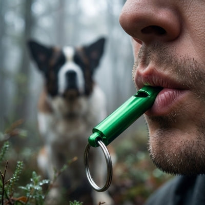 Gros plan d'un sifflet ultrason pour chien vert utilisé pour dresser un Saint-Bernard flou.