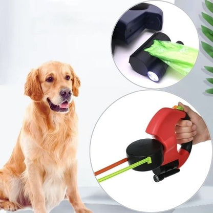 Une laisse pour chien : On voit sur cette image une laisse en nylon et plastique ABS disposant de deux laisses rétractables anti-emmêlement.