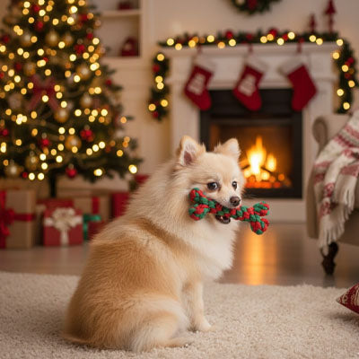 Petit spitz allemand assis sur un tapis jouant avec un jouet chien en corde de Noël.