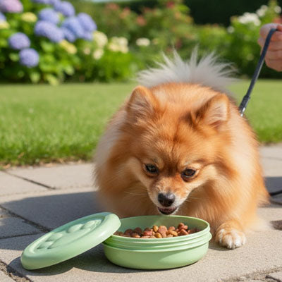 Chien Spitz poméranien s'apprêtant à manger des croquettes dans une gamelle chien verte.