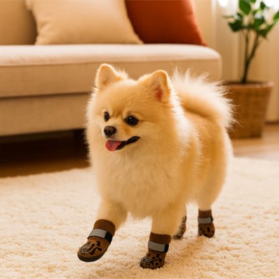 Petit chien Spitz Poméranien marchant sur un tapis avec des chaussettes pour chien.