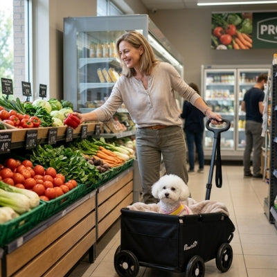 Femme faisant ses courses avec son Bichon Frisé dans une poussette pour chiens PawHut.