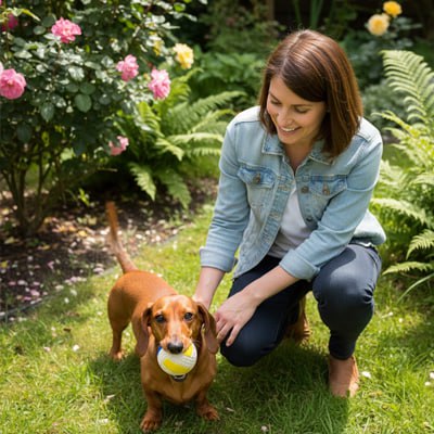 Chien Teckel debout dans un jardin fleuri tenant sa balle chien jaune et bleue.
