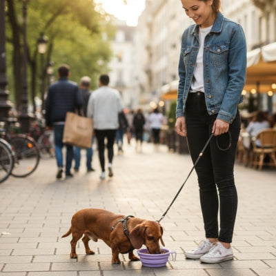 Femme nourrit son chien Teckel avec des gamelles chien pliables violettes sur le trottoir.
