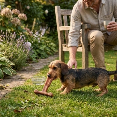 Teckel à poil dur tenant en gueule un jouet pour chien indestructible dans un jardin fleuri.