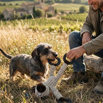 Teckel à poil dur mordillant l'anneau d'une peluche pour chien en extérieur à la campagne.
