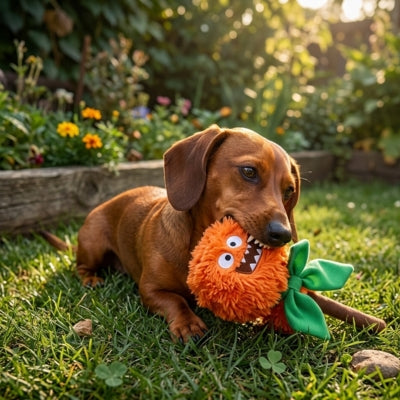 Teckel à poil ras couché dans l'herbe avec un jouet chien monstre orange à nœud vert.
