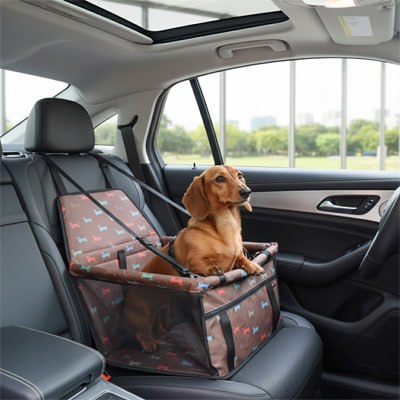 Un Teckel marron attentif dans son siege auto pour chien posé sur le siège passager avant.