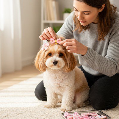 Femme posant un collier nœud papillon pour chien rose sur la tête d'un petit chien beige.