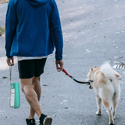 Homme marchant avec son chien et portant une gourde pour chiens turquoise au poignet.
