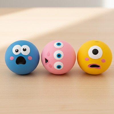 Trois modèles de balle chien colorées avec des visages expressifs posés sur une table.